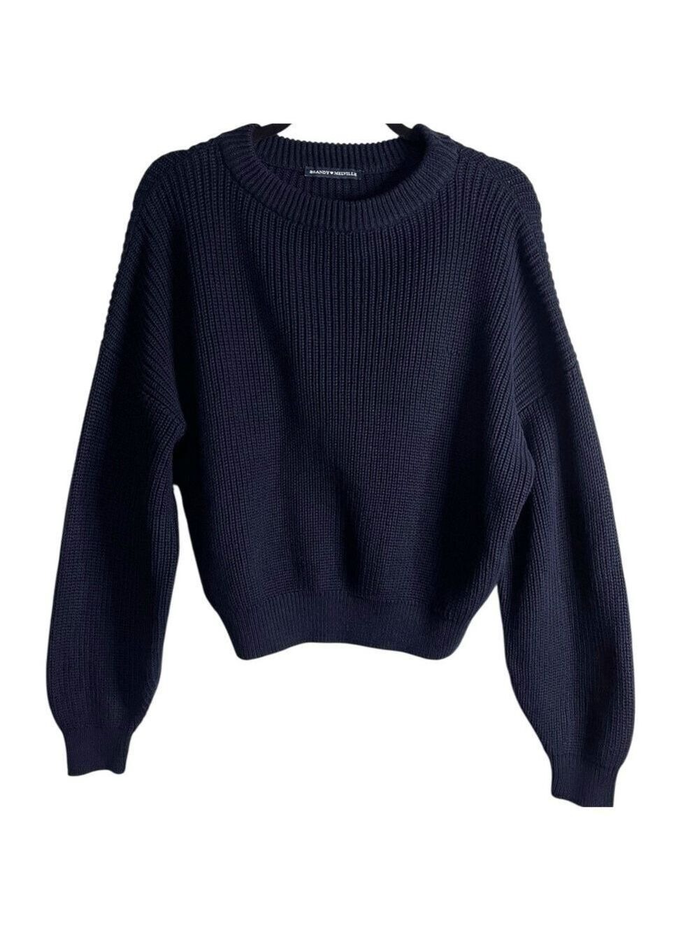 Brandy Mellville Cropped Crewneck Sweater Navy Blue Women's Ribbed Cotton Size M